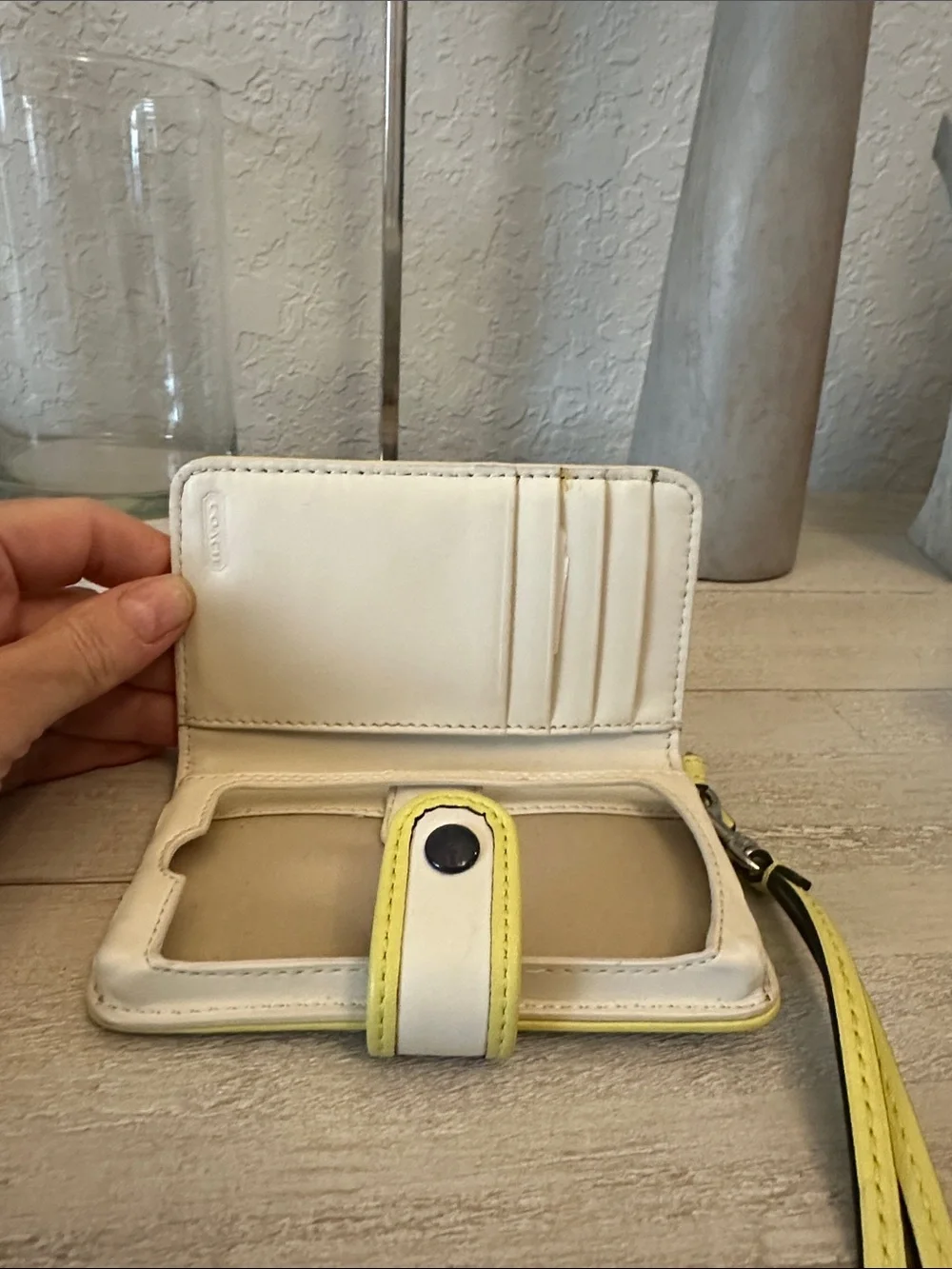 Coach White Leather Phone Case with Yellow Trim and Wristlet